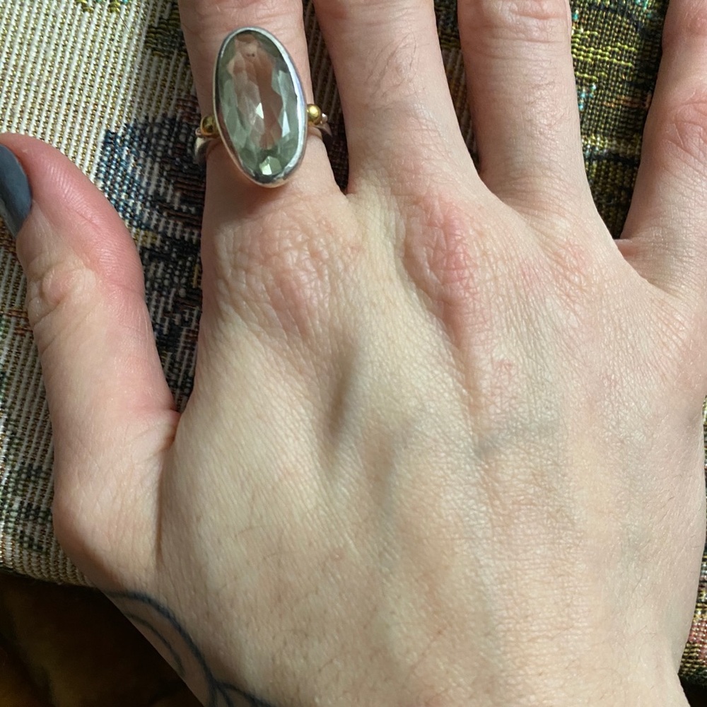 Sterling silver green amethyst gold bezel ring